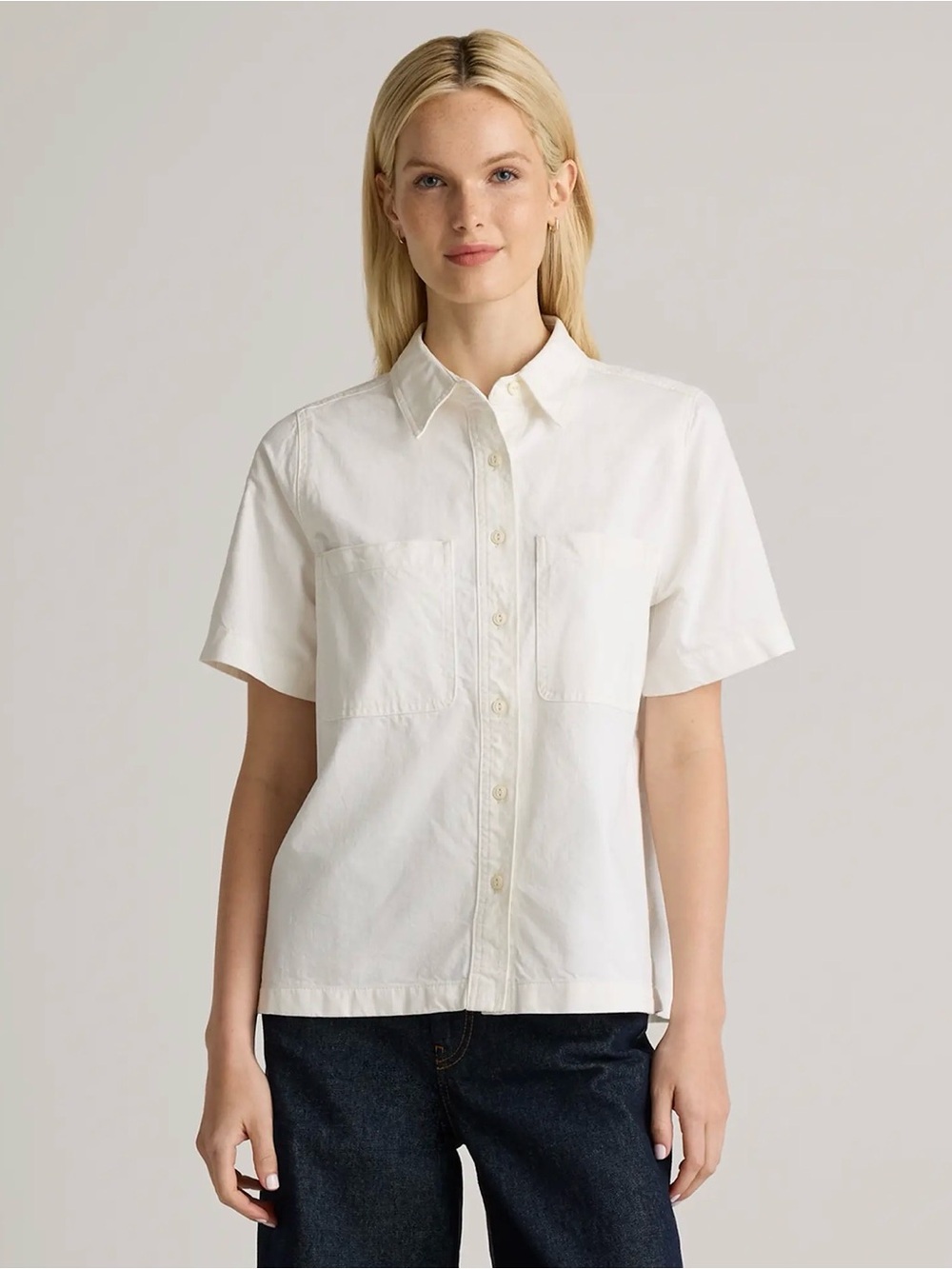Distressed Demin Short Sleeve Shirt 100% Cotton Off White size M